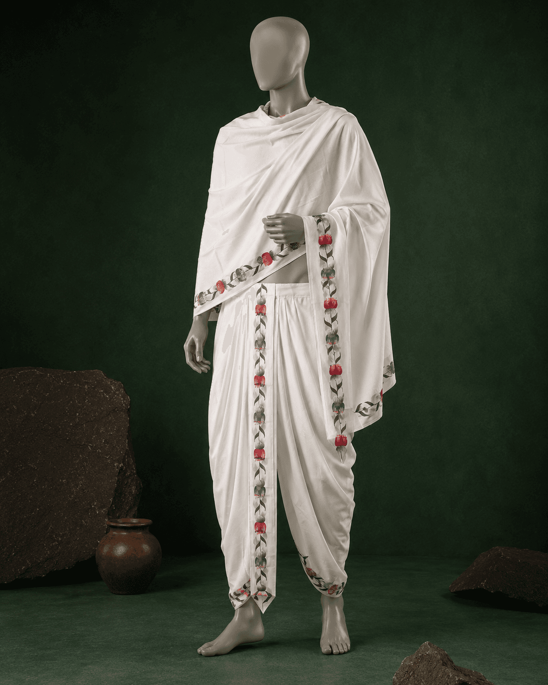 White Dhoti with Pink Floral Border