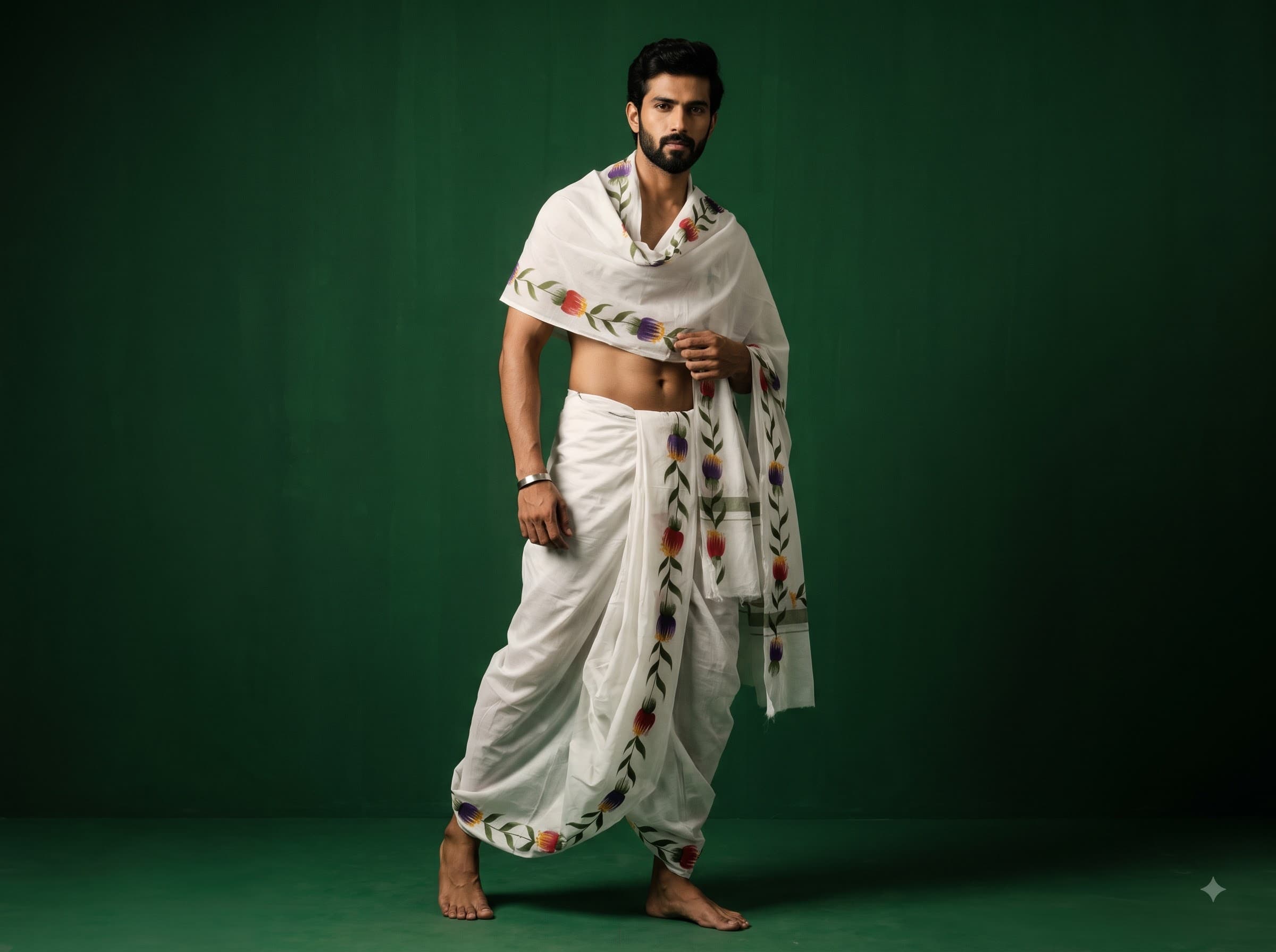 White Dhoti with Pink Floral Border - 2