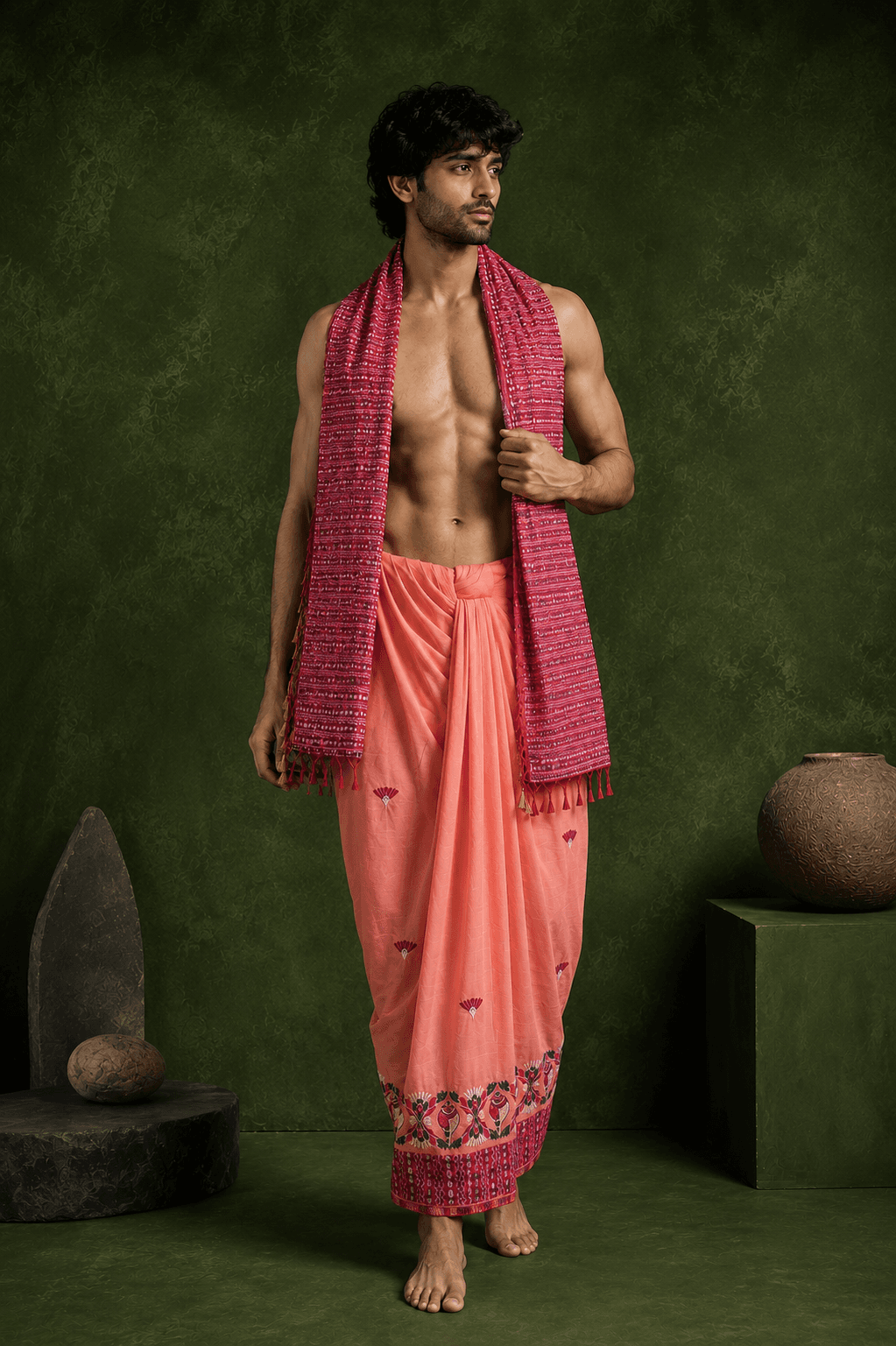 Peach Dhoti with Intricate Red Border - 2