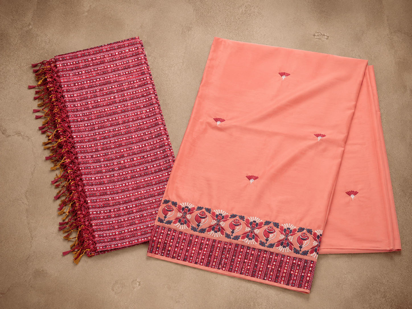 Peach Dhoti with Intricate Red Border