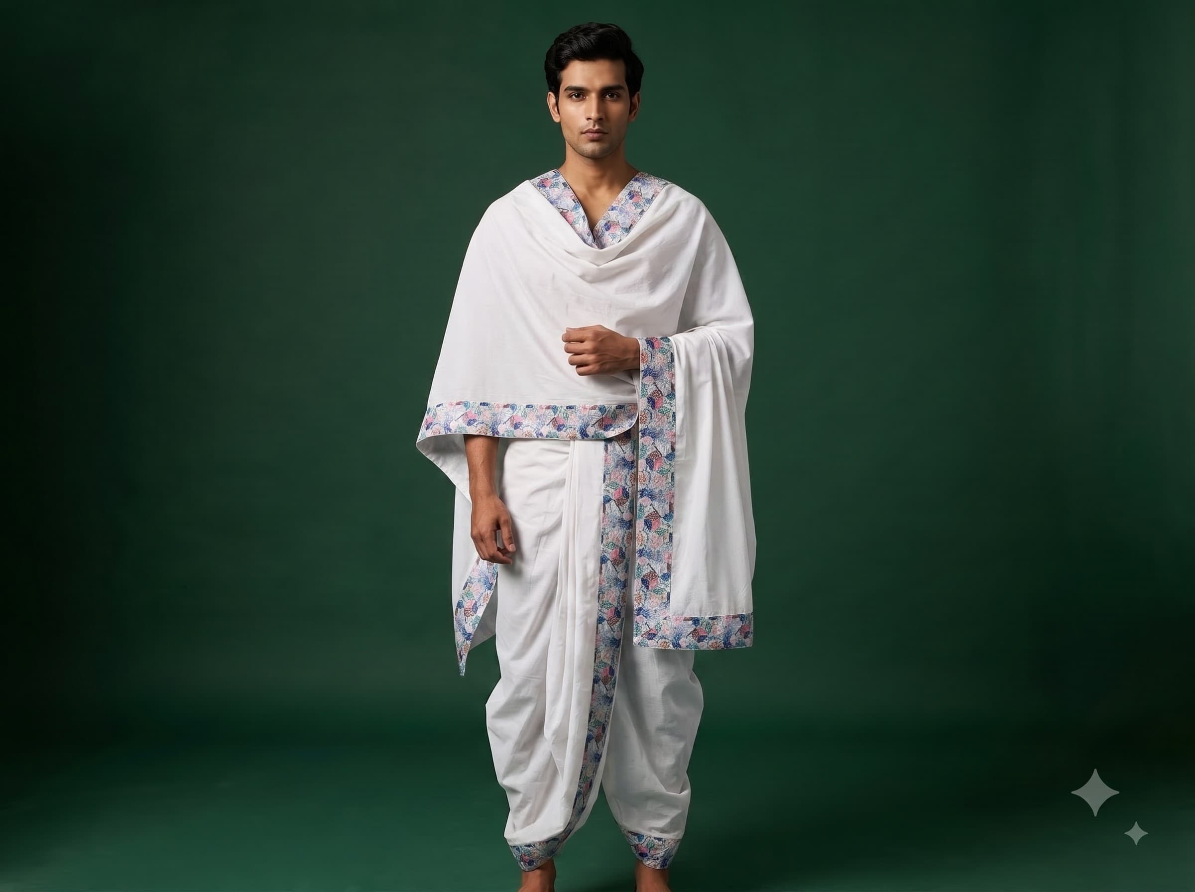 White Dhoti with Blue Geometric Border - 3