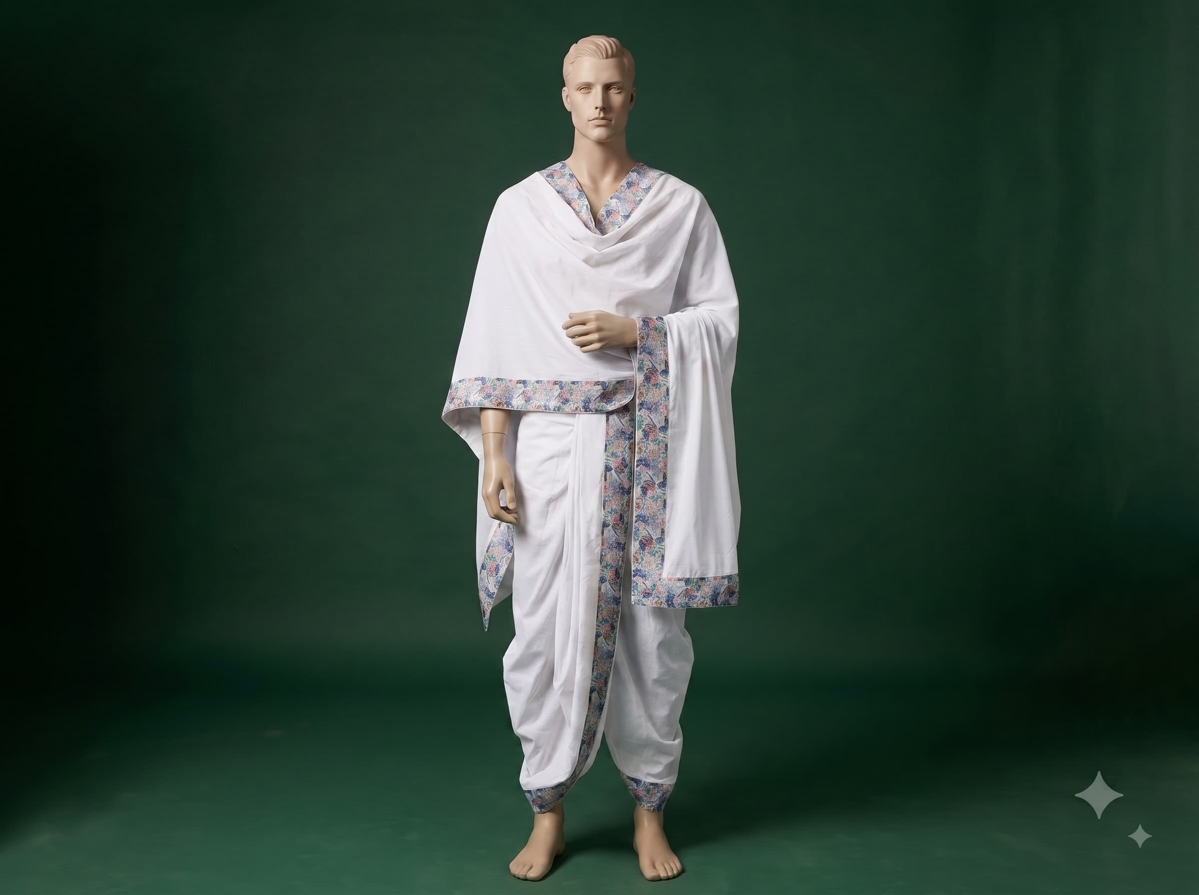 White Dhoti with Blue Geometric Border - 2