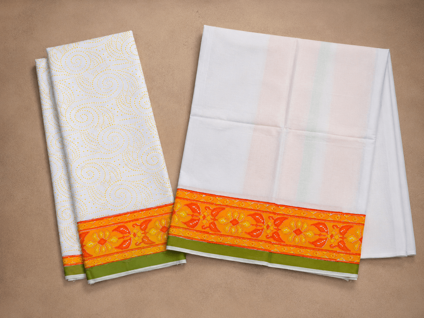 White Dhoti with Orange Floral Border