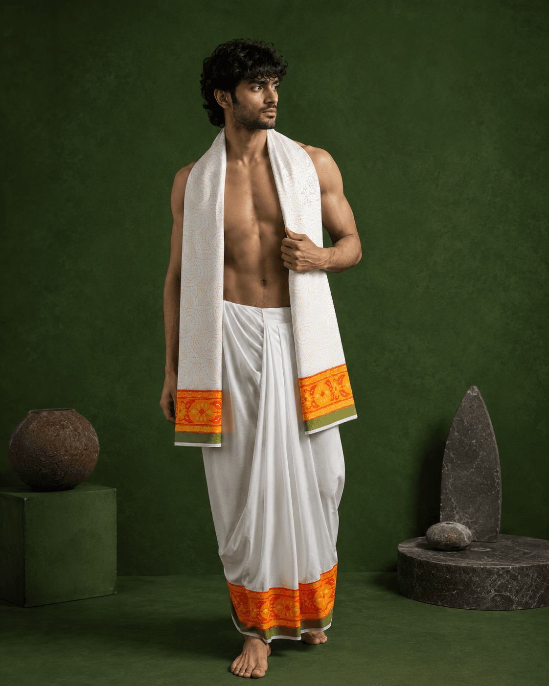 White Dhoti with Orange Floral Border - 3