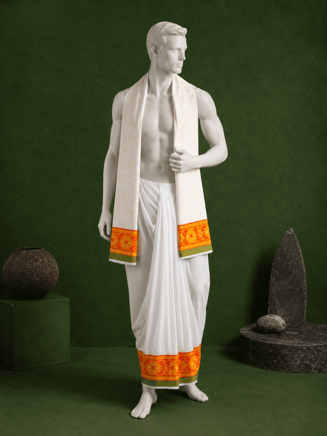 White Dhoti with Orange Floral Border - 2