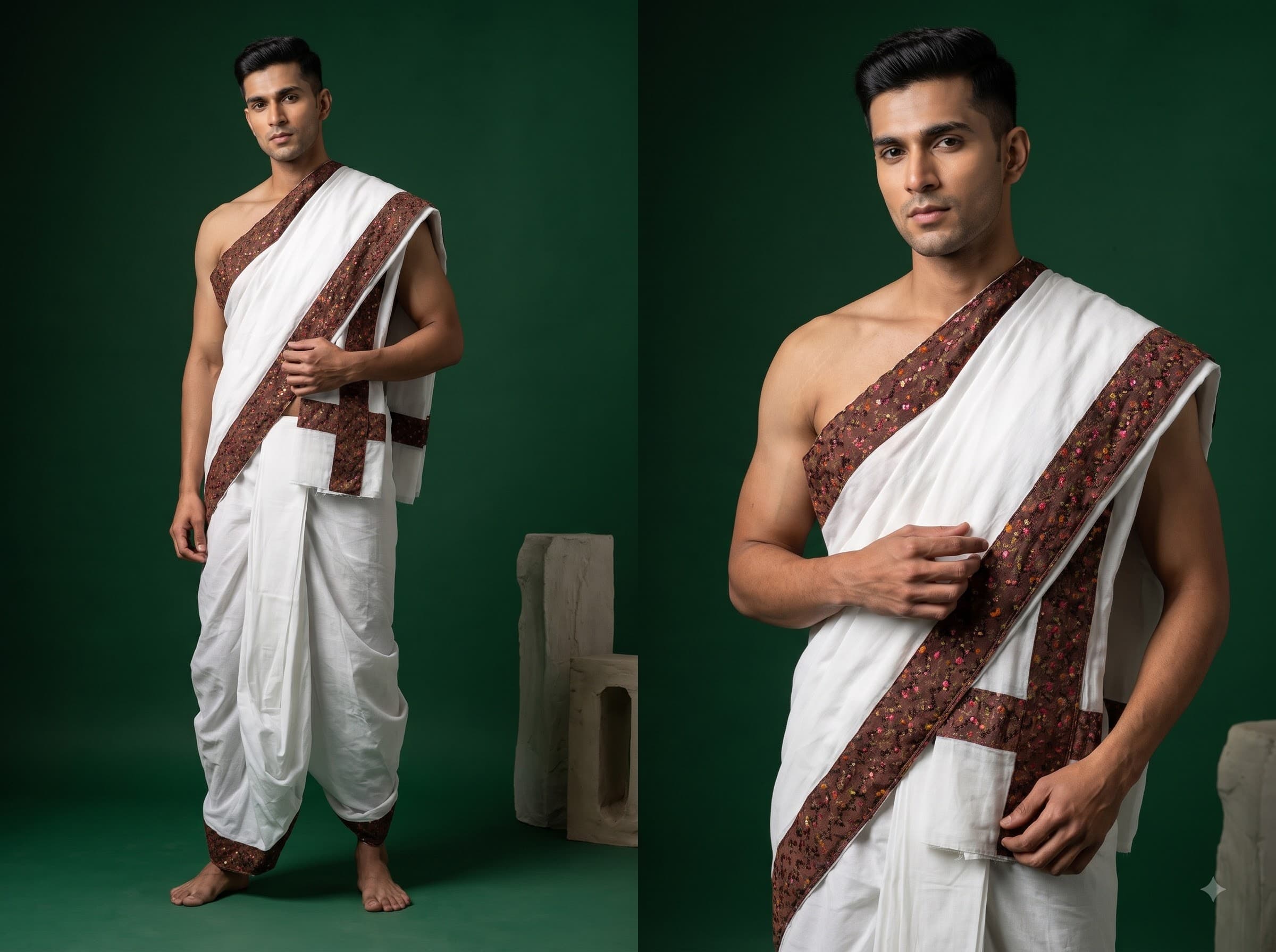 White Dhoti with Brown Motif Border