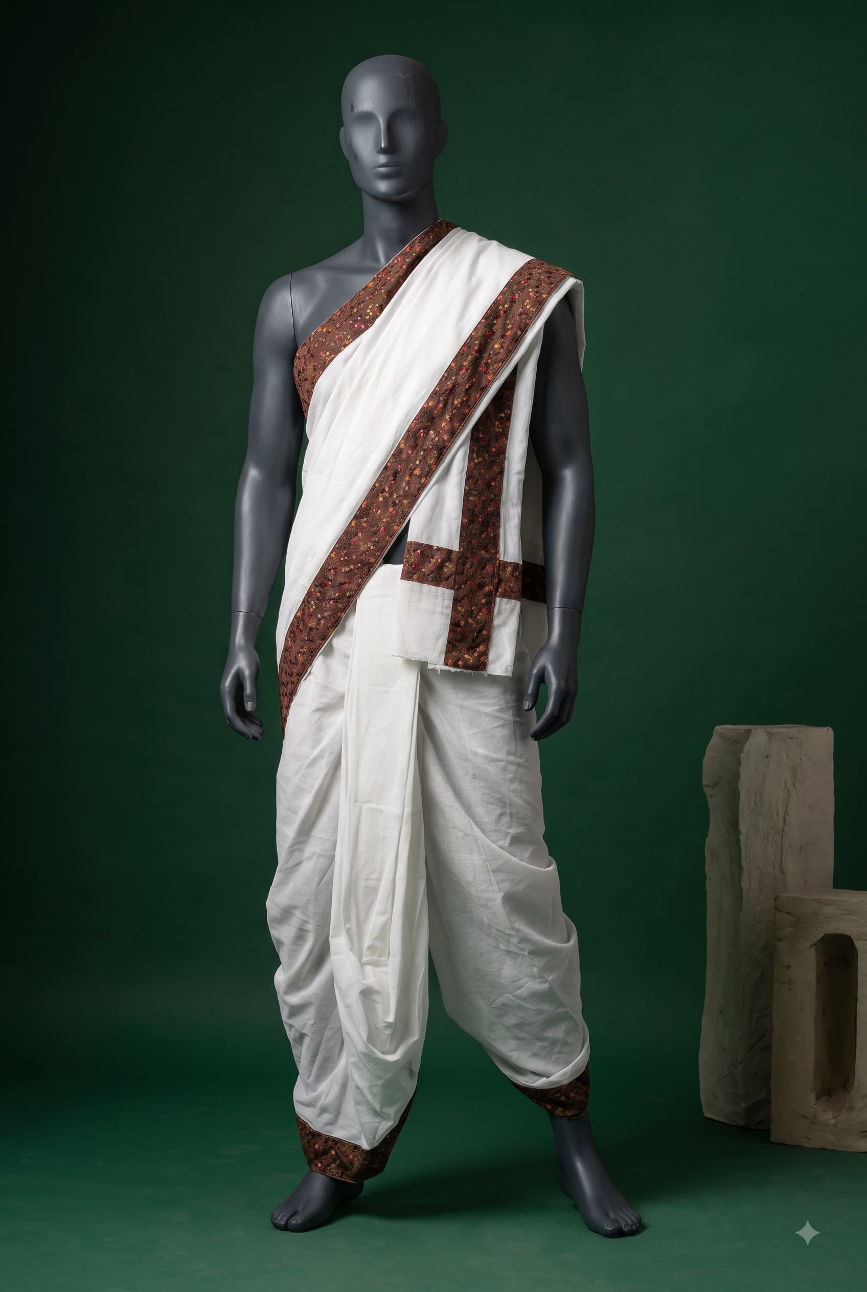 White Dhoti with Brown Motif Border - 2
