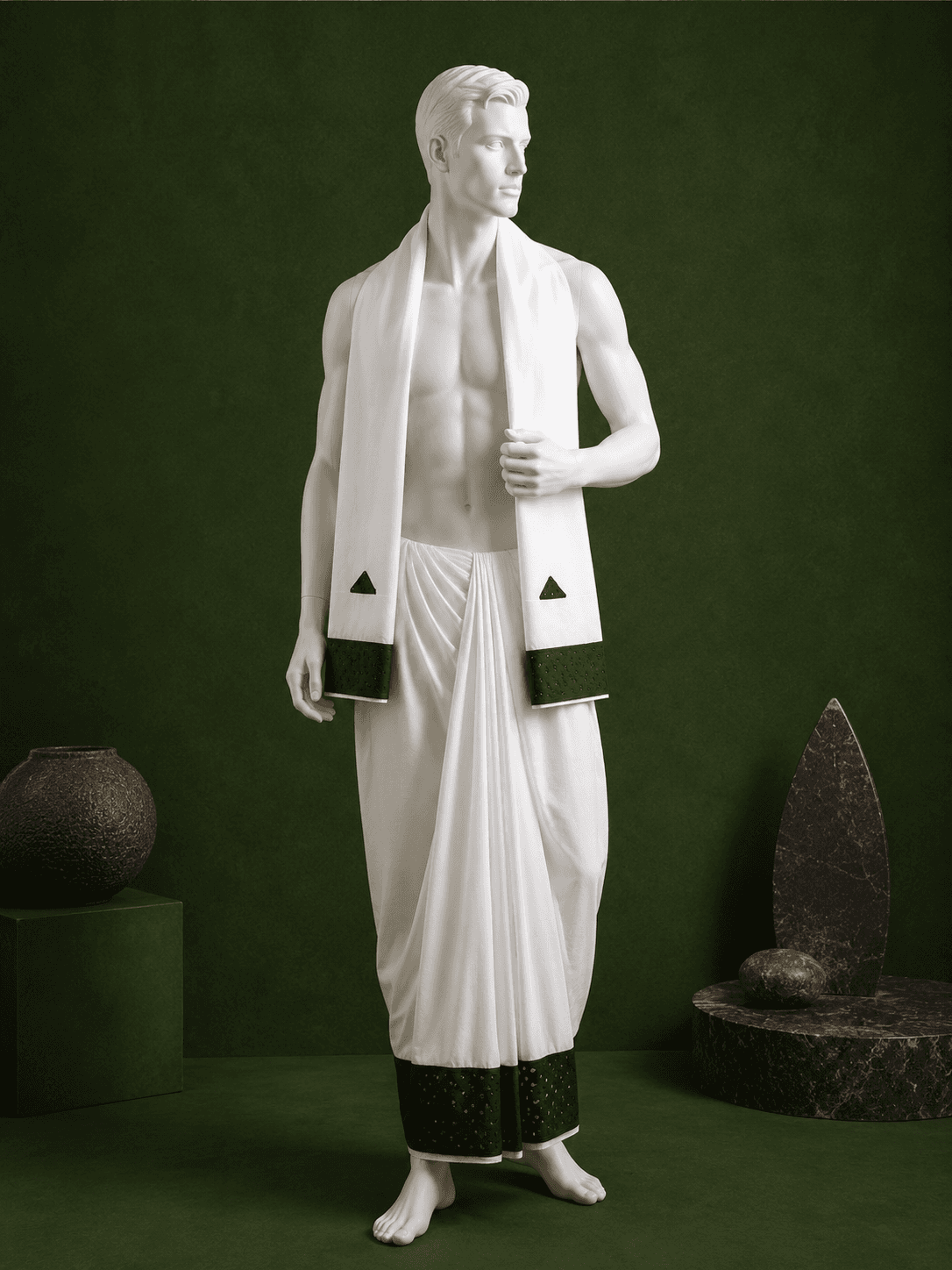 White Dhoti with Dark Green Border - 3