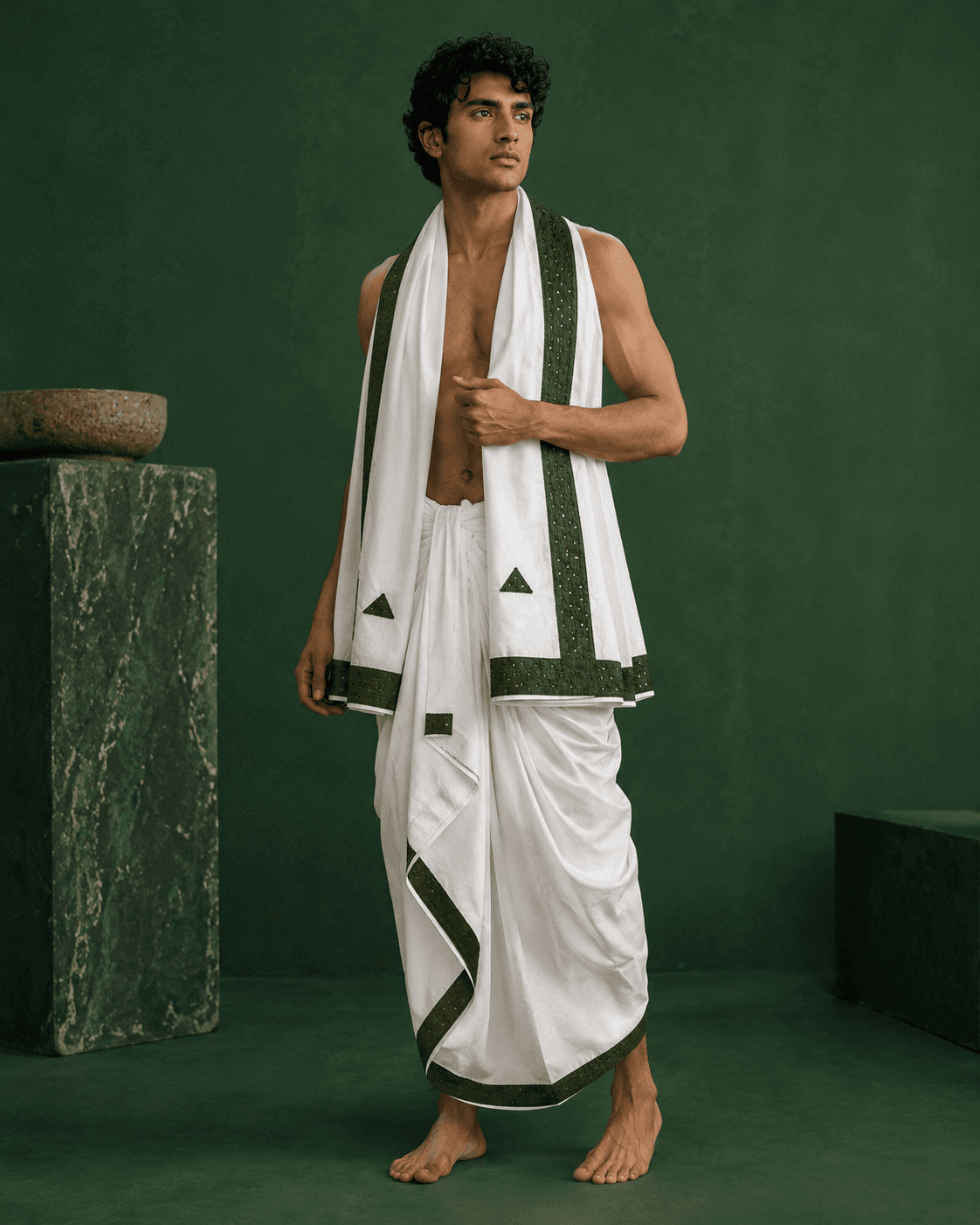 White Dhoti with Dark Green Border