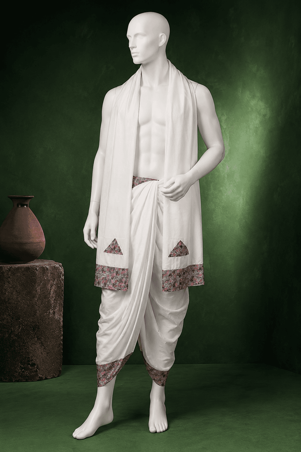 White Dhoti with Purple Block Print Border - 2