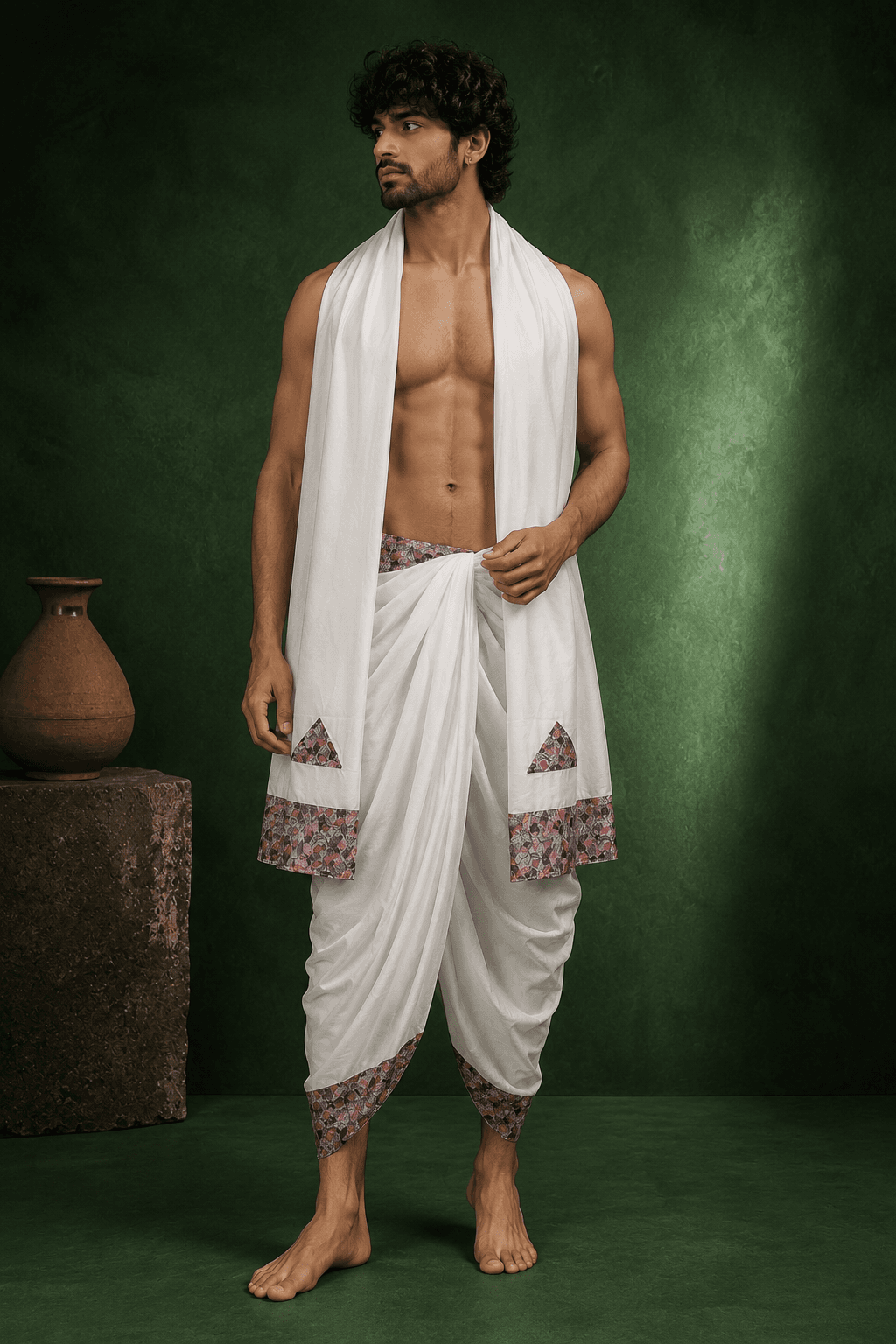 White Dhoti with Purple Block Print Border
