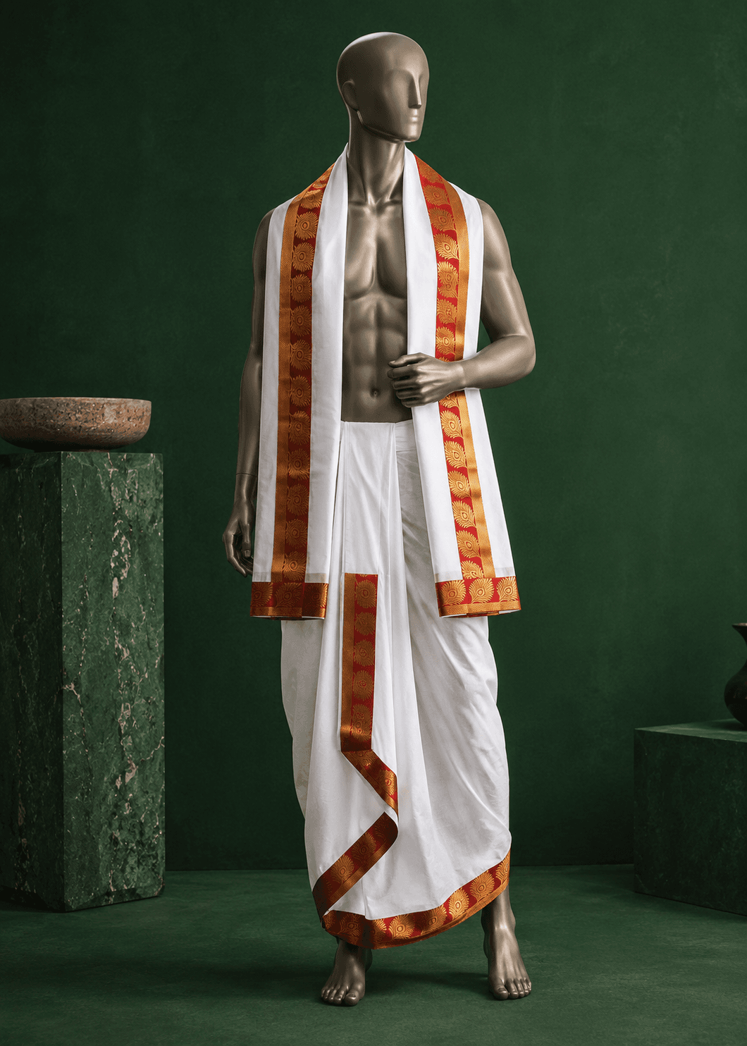 White Dhoti with Red Circular Motif Border