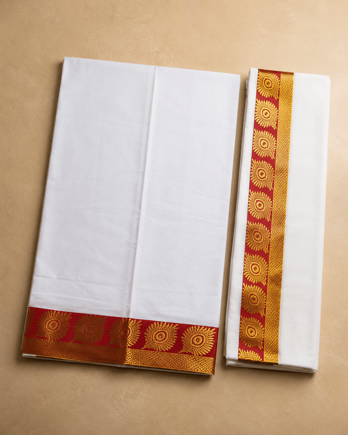 White Dhoti with Red Circular Motif Border - 2