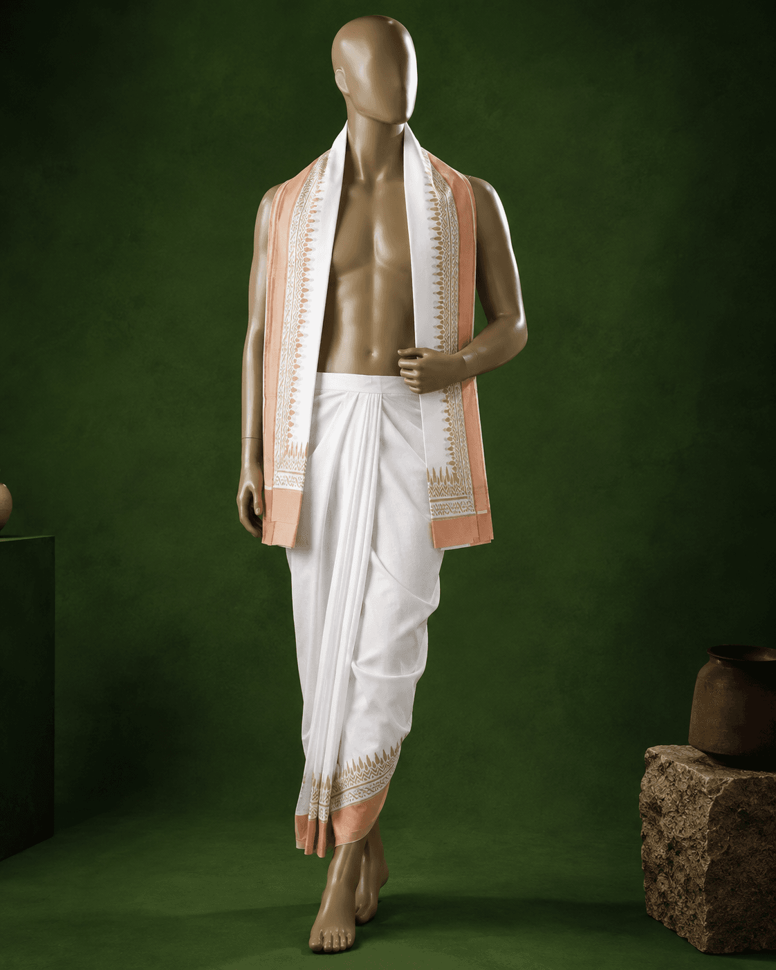 White Dhoti with Pale Gold Border - 2