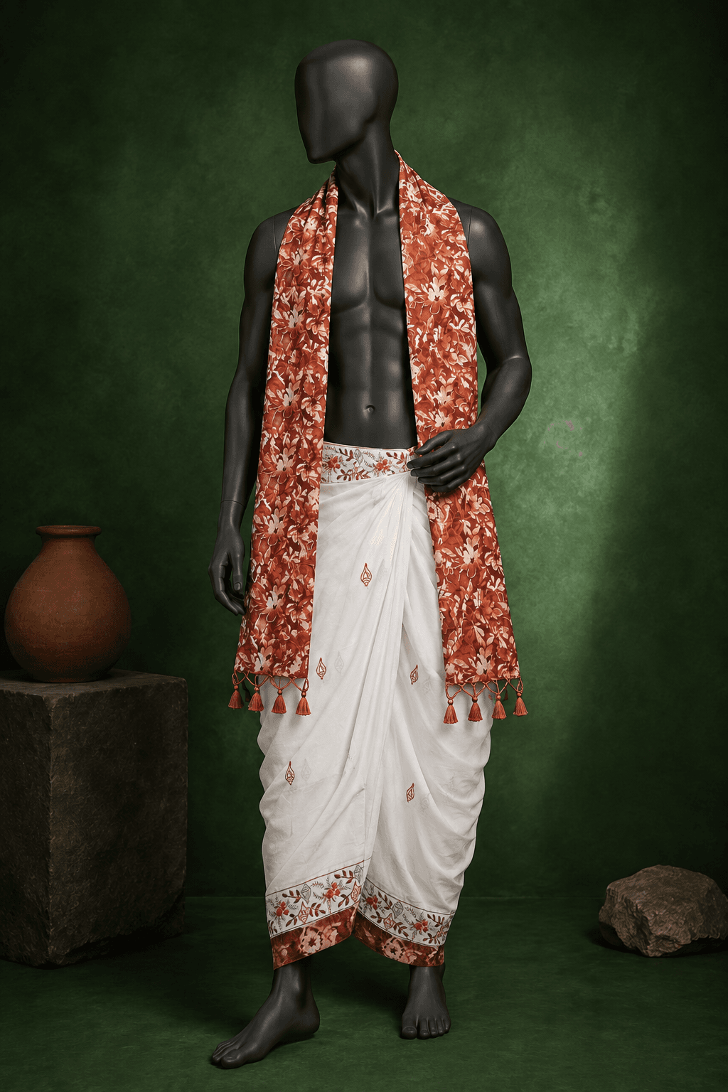 White Dhoti with Rust Leaf Border