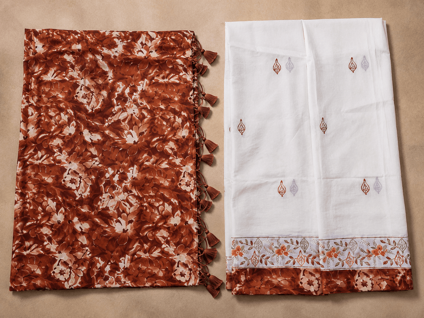 White Dhoti with Rust Leaf Border - 3