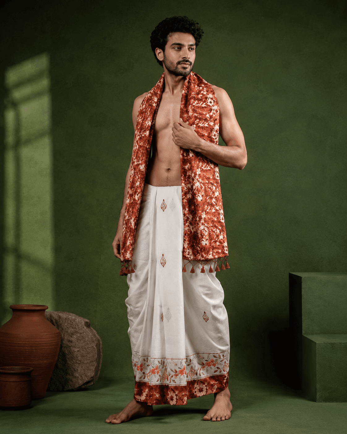 White Dhoti with Rust Leaf Border - 2