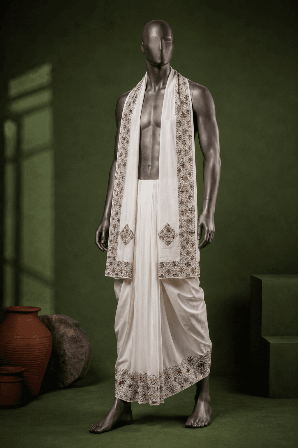 White Dhoti with Geometric Embroidered Border - 2