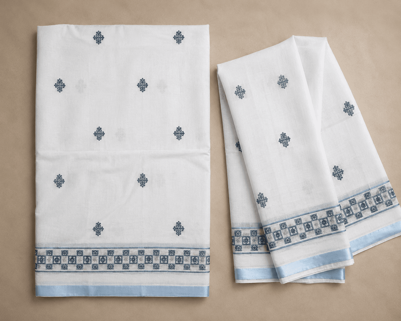 White Dhoti with Blue Ribbon Border - 3