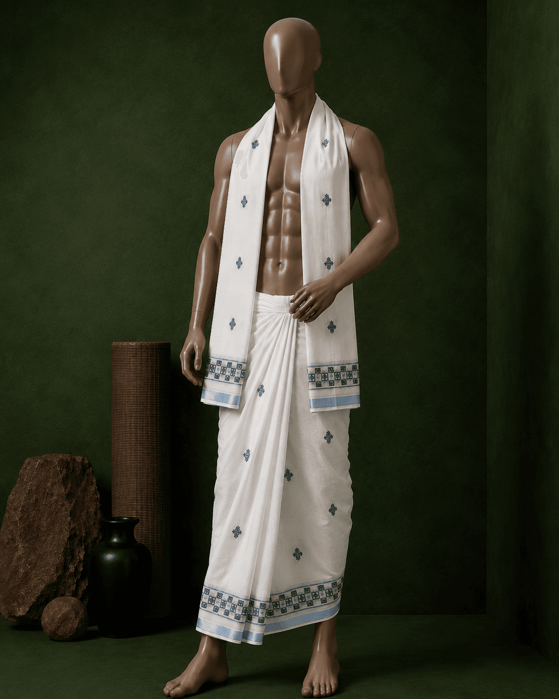 White Dhoti with Blue Ribbon Border