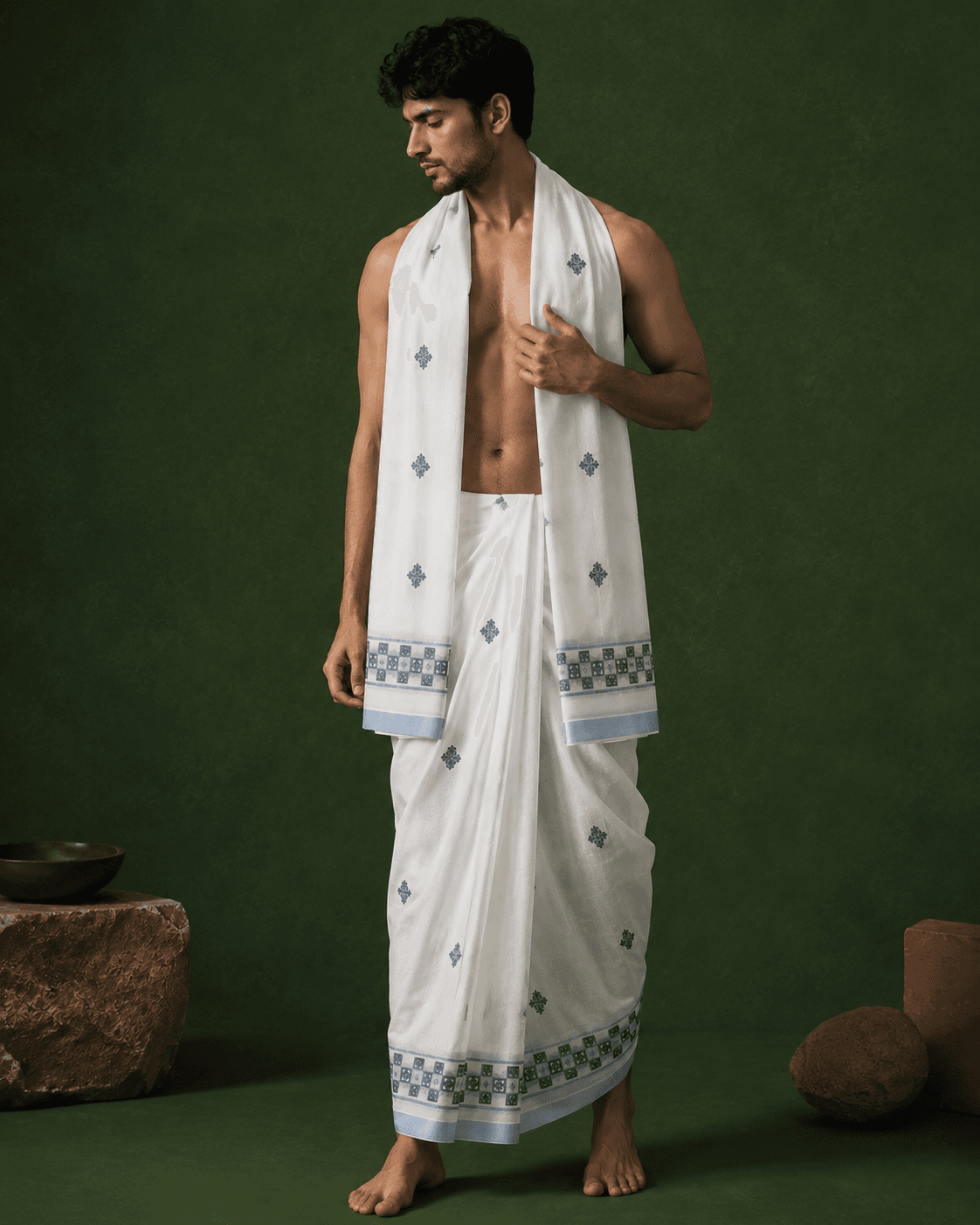 White Dhoti with Blue Ribbon Border - 2