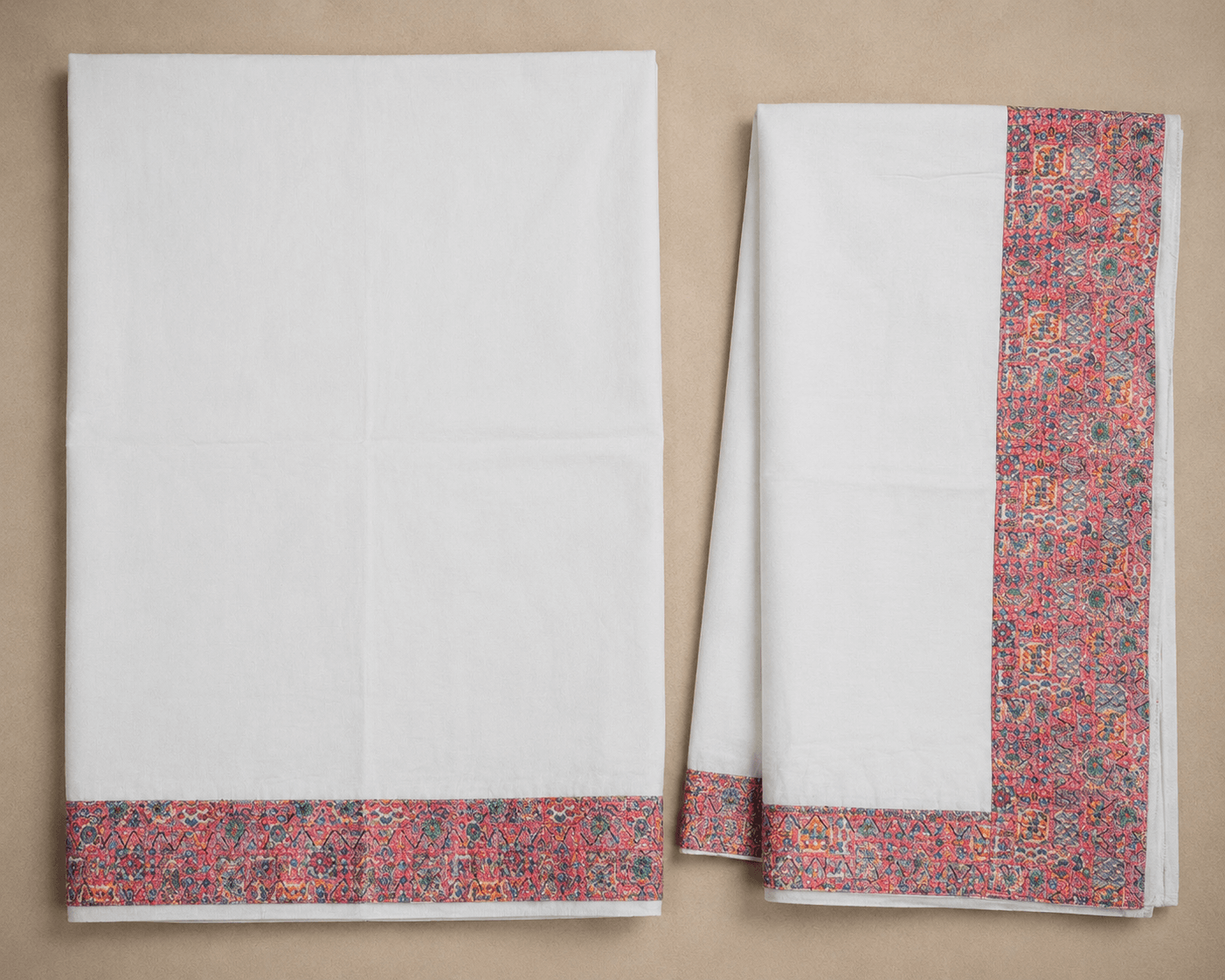 White Dhoti with Pink Dense Geometric Border