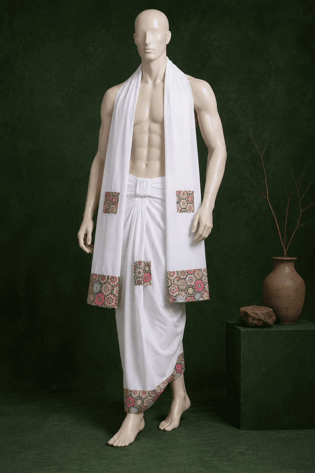 White Dhoti with Hexagon Pattern Border - 3