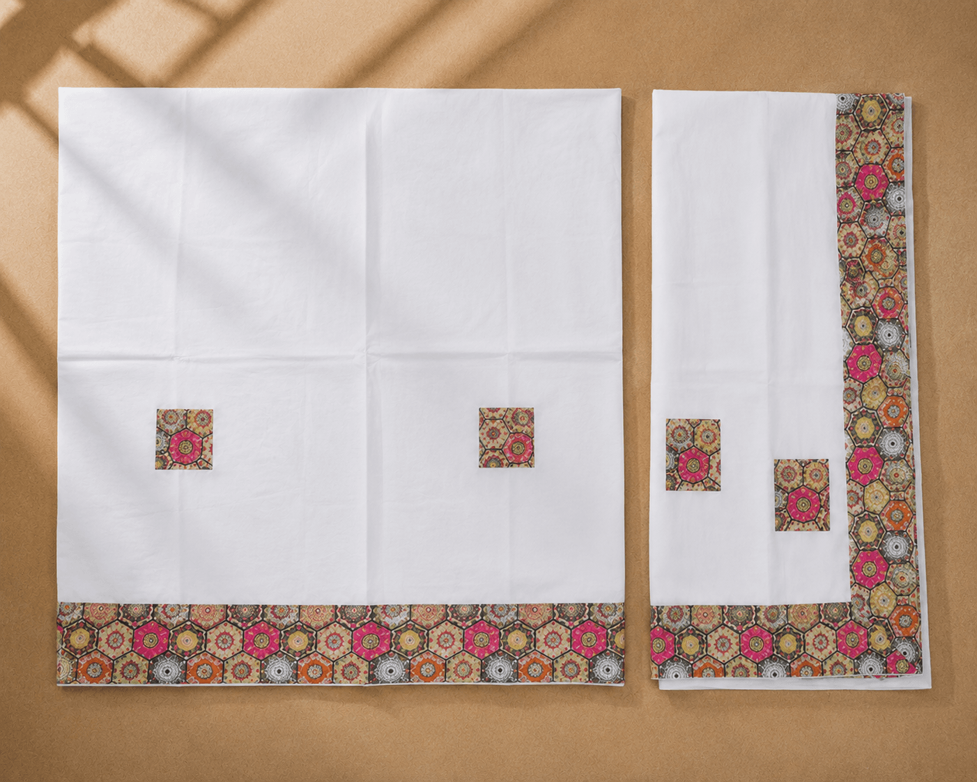 White Dhoti with Hexagon Pattern Border - 2