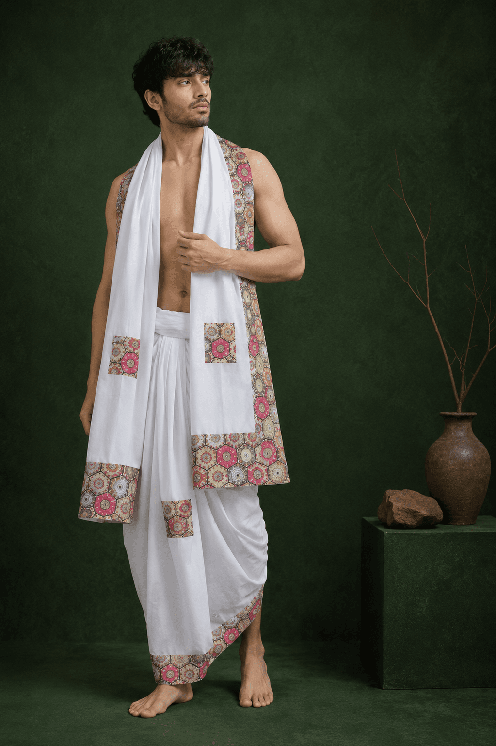 White Dhoti with Hexagon Pattern Border