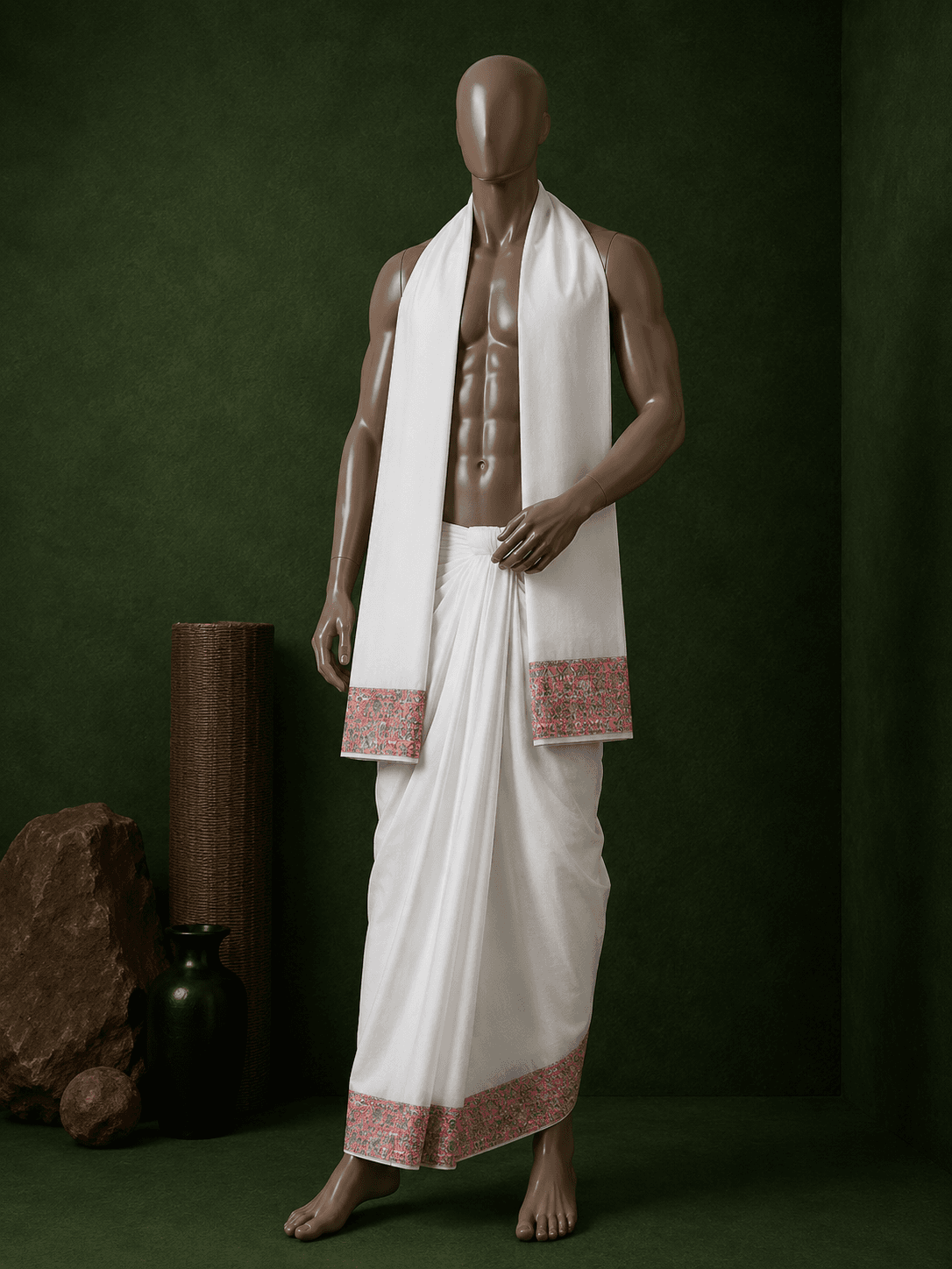 White Dhoti with Pink Dense Geometric Border - 3