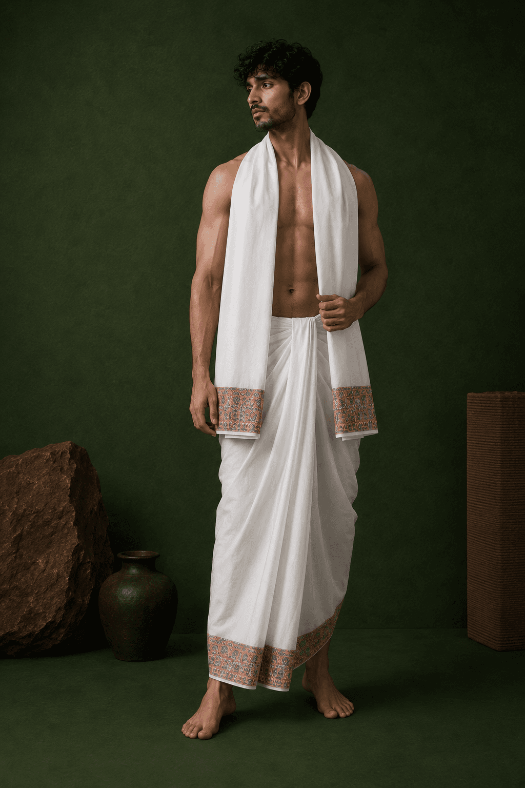 White Dhoti with Pink Dense Geometric Border