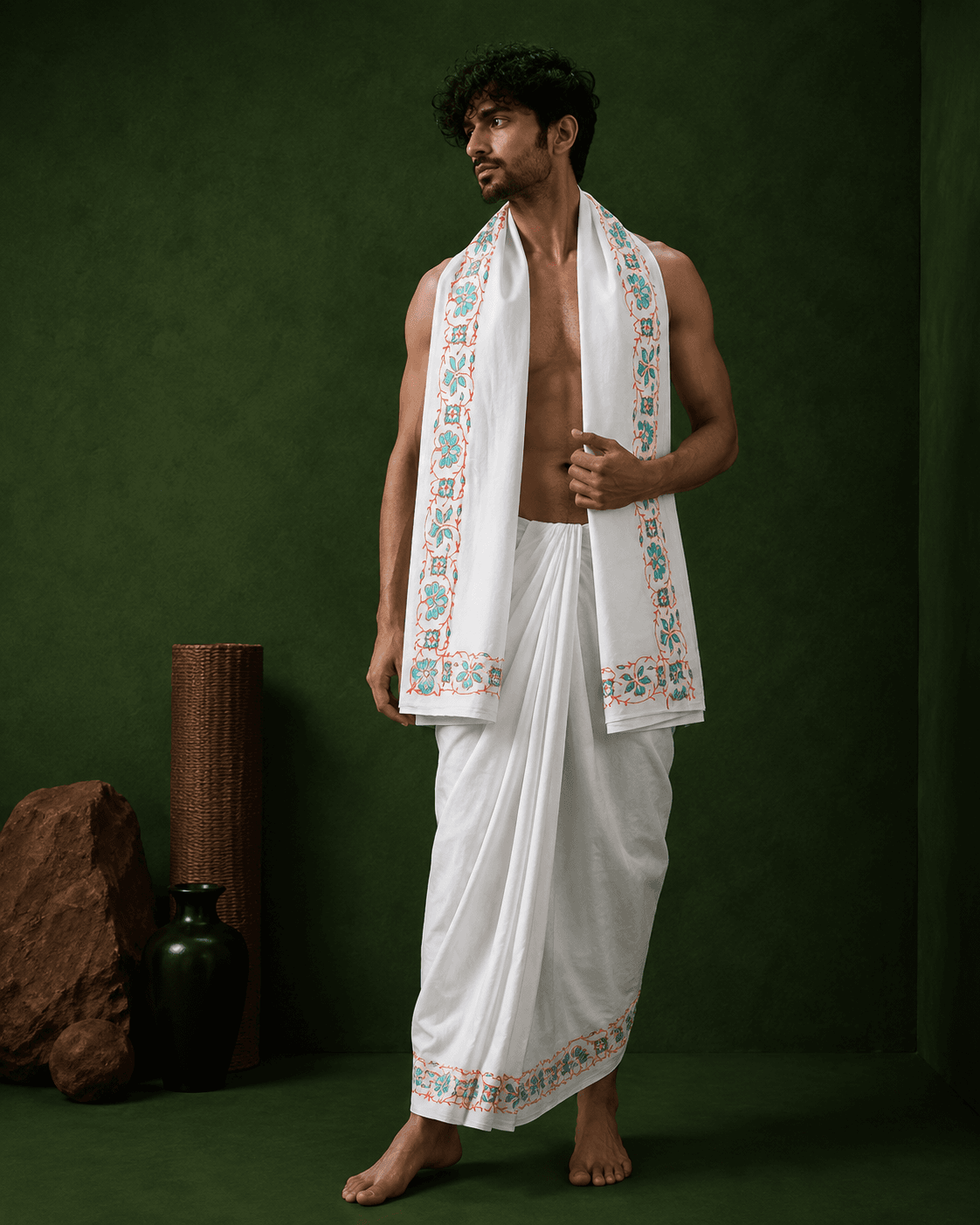 White Dhoti with Teal Vine Border