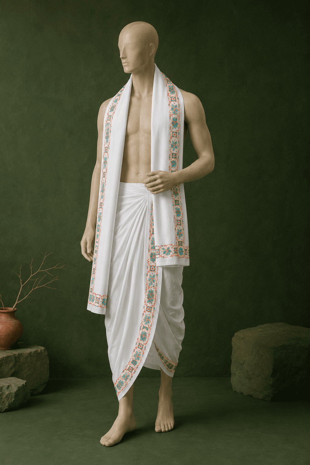 White Dhoti with Teal Vine Border - 3