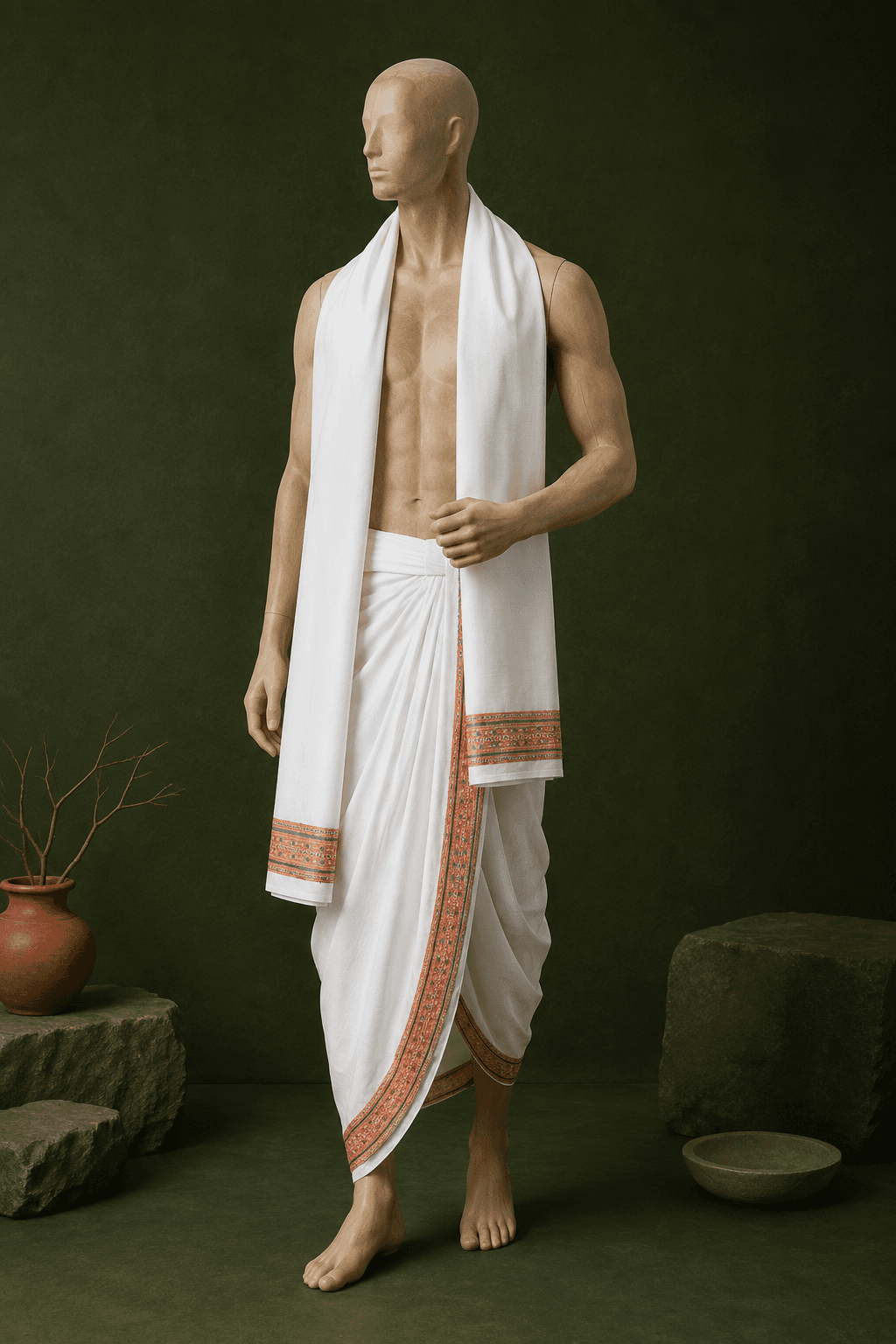 White Dhoti with Thin Orange Border - 2
