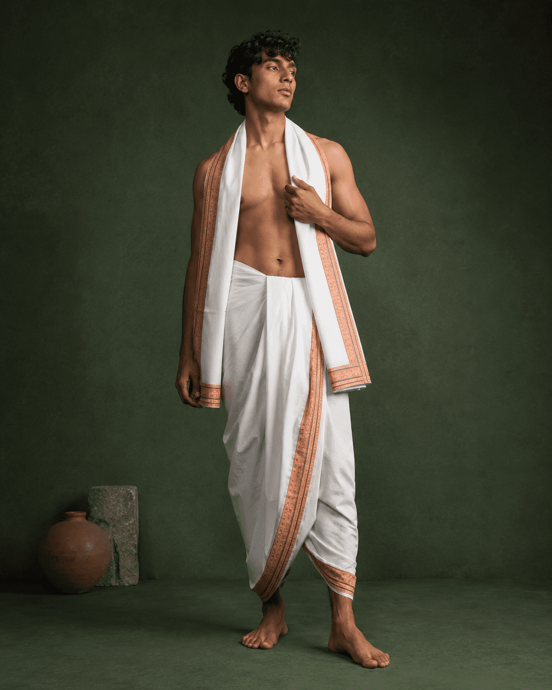 White Dhoti with Thin Orange Border