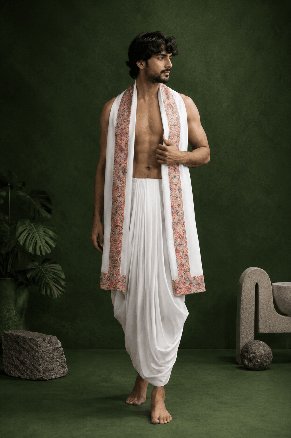 White Dhoti with Multicolored Diamond Border