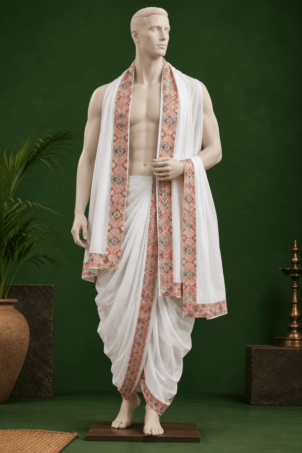 White Dhoti with Multicolored Diamond Border - 2